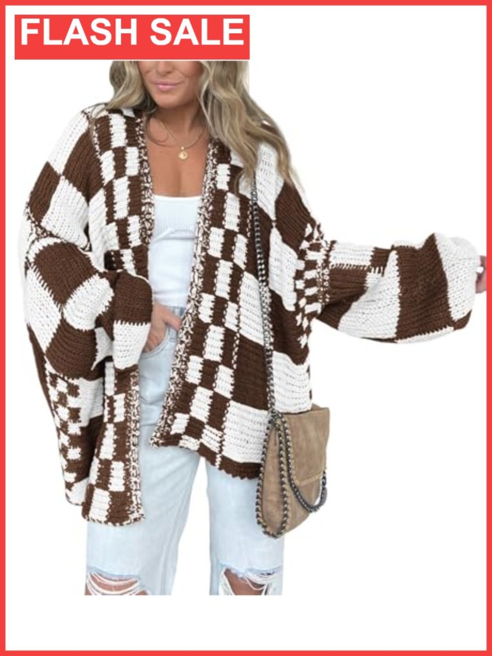 Checkered Open Front Cardigan Long Sleeve V-Neck Loose Knit Sweater